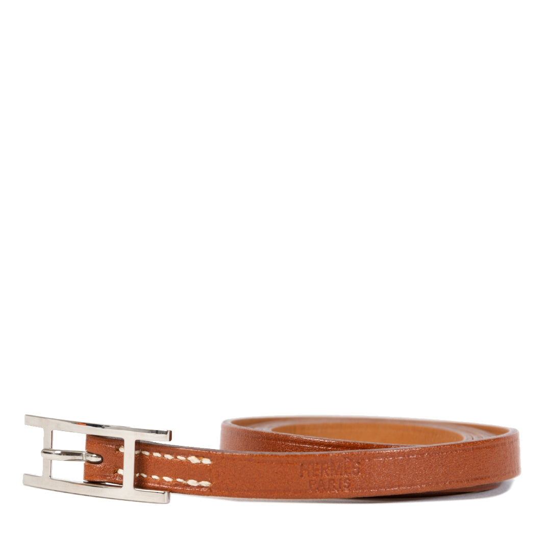 Hermès Api III Brown Leather Silver Tone H Logo Wrap Bracelet