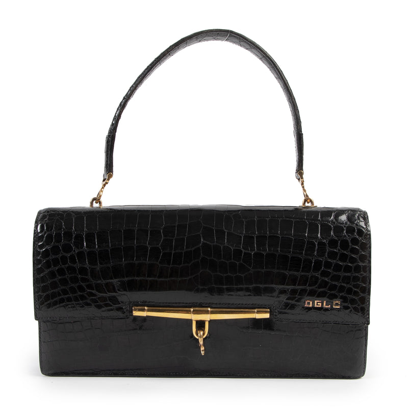 Authentieke Tweedehands Hermès Black Vintage Croco Shoulder Bag juiste prijs veilig online shoppen luxe merken webshop winkelen Antwerpen België mode fashion