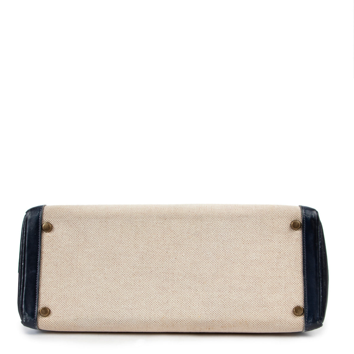 Vintage designer Hermès Kelly 32 blue box calf lather with natural toile insert and gold toned hardware available for sale at Labellov secondhand luxury.