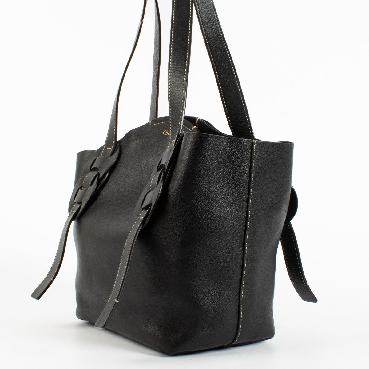 Chloé Black Small Darryl Tote Bag with interlaced ring detailing in smooth leather at Labellov.com