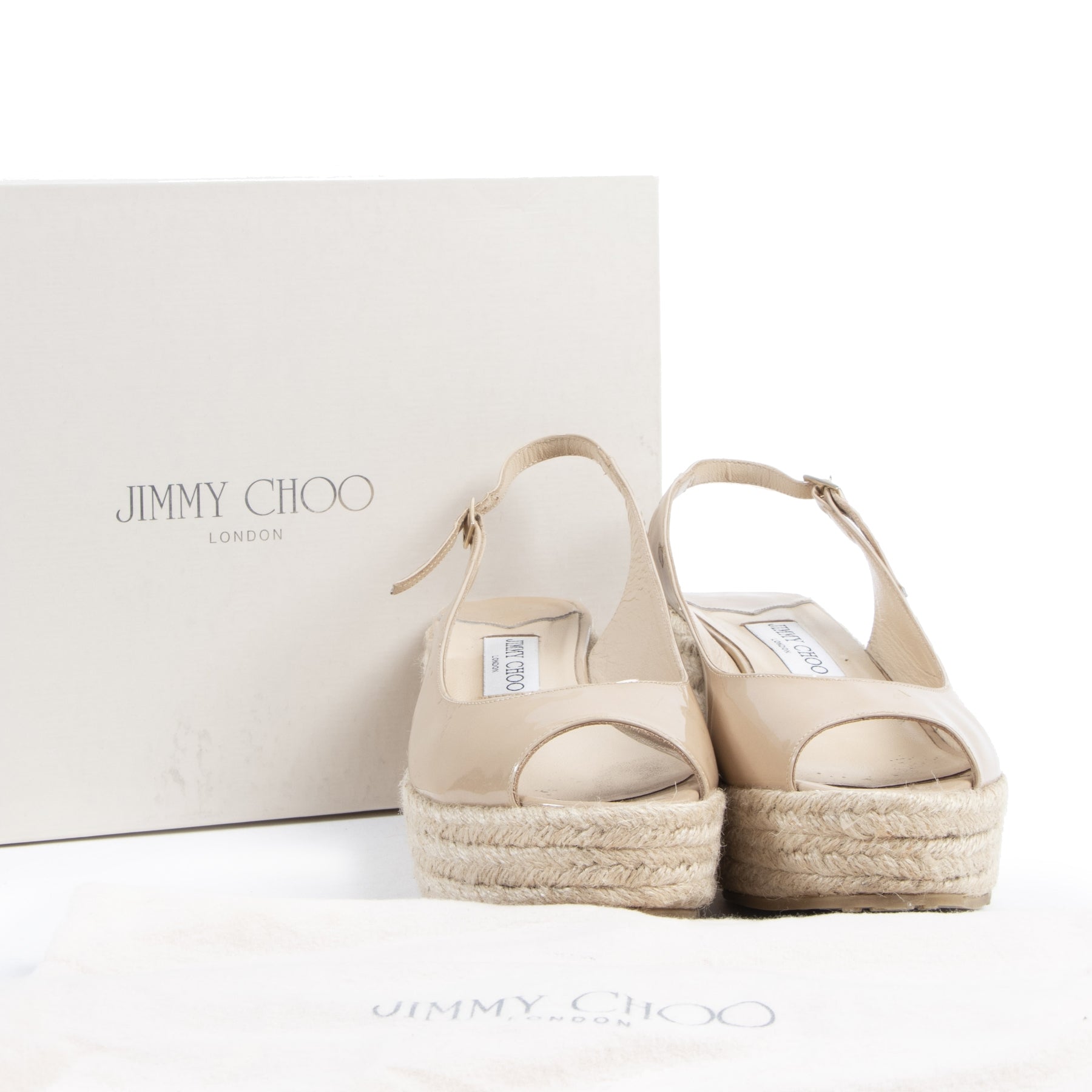 Authentic secondhand Jimmy Choo Nude Patent Leather Espadrille Wedges - Size 39 designer shoes accessories designer brands fashion luxury vintage webshop safe secure online shopping