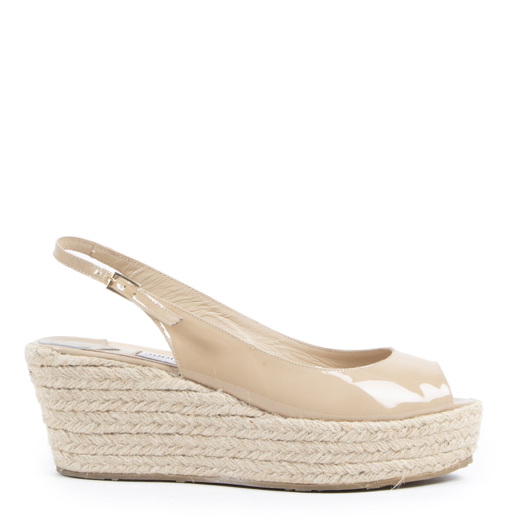 Authentic secondhand Jimmy Choo Nude Patent Leather Espadrille Wedges - Size 39 designer shoes accessories designer brands fashion luxury vintage webshop safe secure online shopping