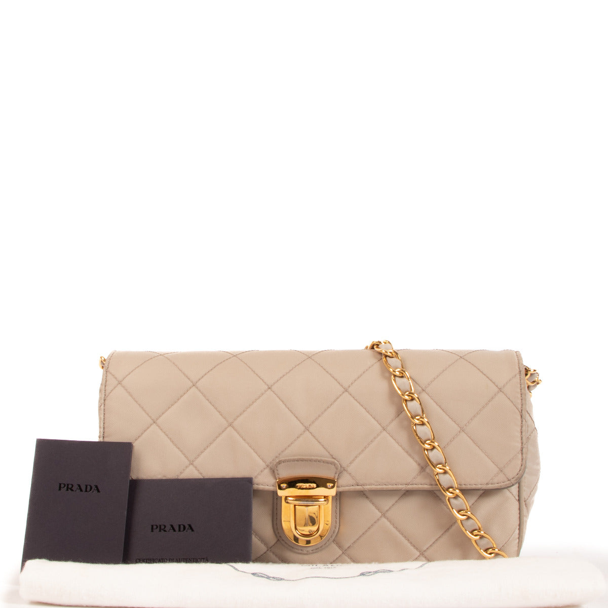 Prada Taupe Nylon Quilted Chain Crossbody Bag