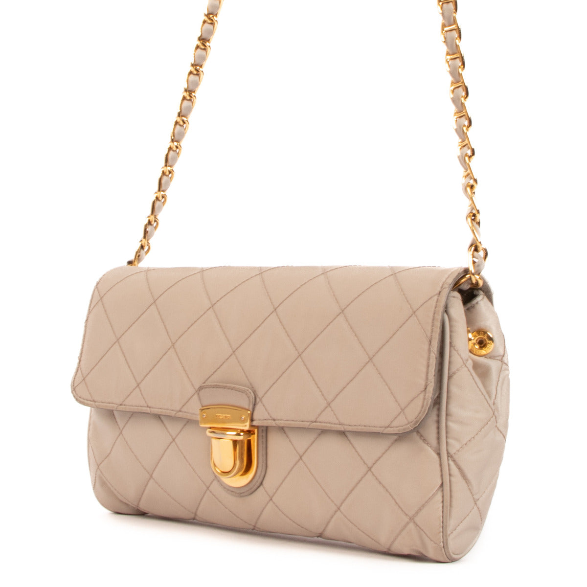 Sac bandoulière Prada en nylon matelassé taupe avec chaîne