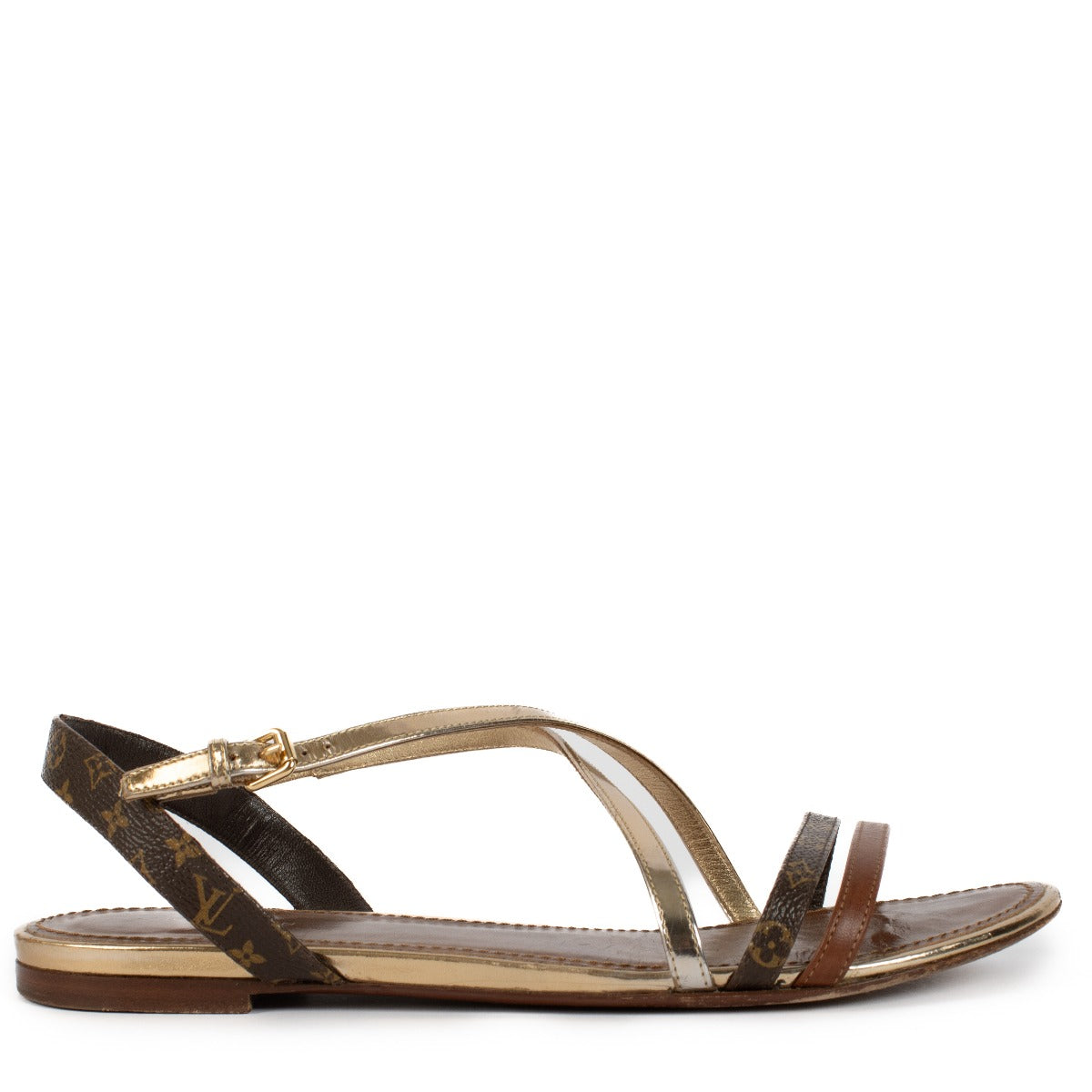 Shop safe online at Labellov in Antwerp, Brussels and Knokke this 100% authentic second hand Louis Vuitton Gold Monogram Flat Sandals
