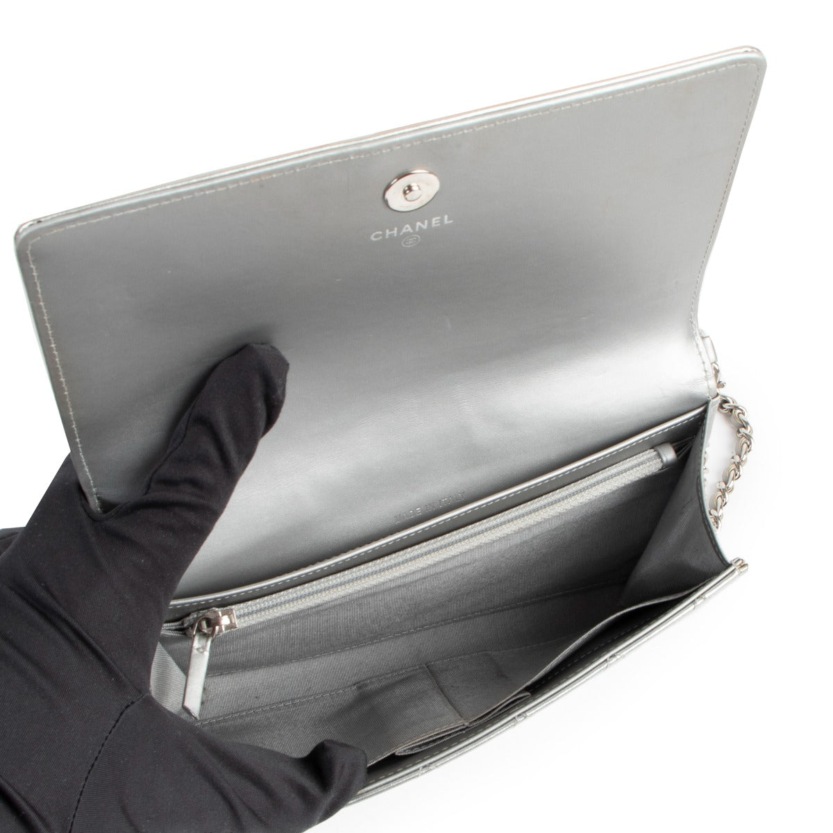 Buy an authentic second hand Chanel Silver Patent Leather Boy Wallet On Chain Shoulder Bag/ Clutch in very good condition at Labellov.