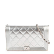 Buy an authentic second hand Chanel Silver Patent Leather Boy Wallet On Chain Shoulder Bag/ Clutch in very good condition at Labellov.