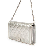 Buy an authentic second hand Chanel Silver Patent Leather Boy Wallet On Chain Shoulder Bag/ Clutch in very good condition at Labellov.