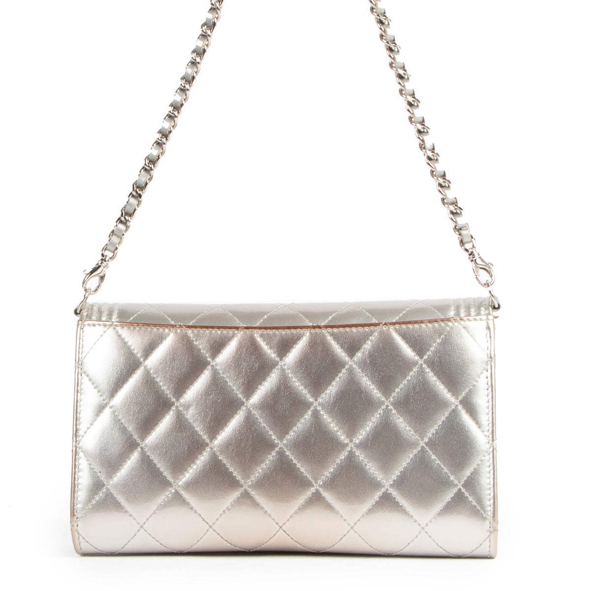 Buy an authentic second hand Chanel Silver Patent Leather Boy Wallet On Chain Shoulder Bag/ Clutch in very good condition at Labellov.