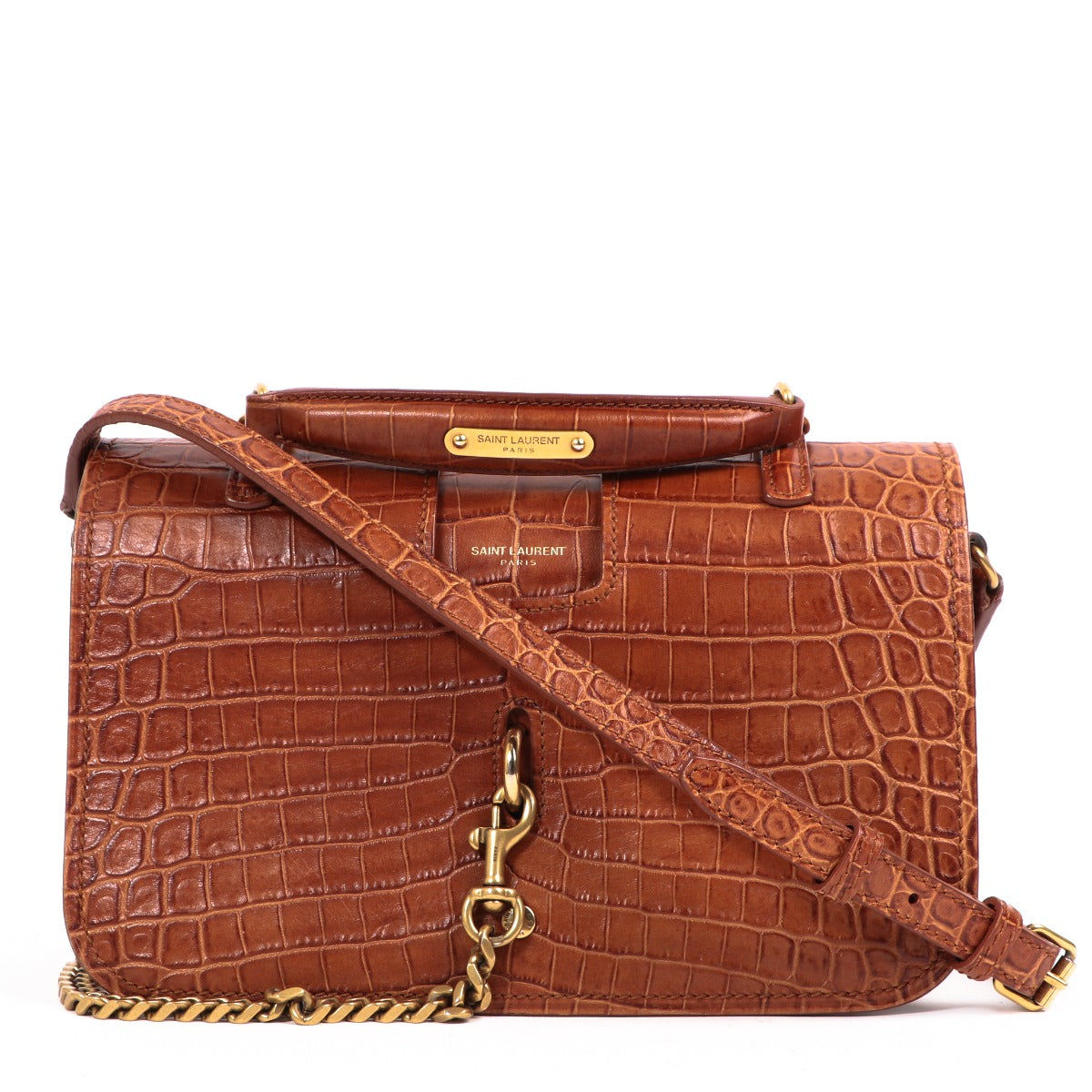 Saint Laurent Charlotte Camel Crocodile Embossed Bag