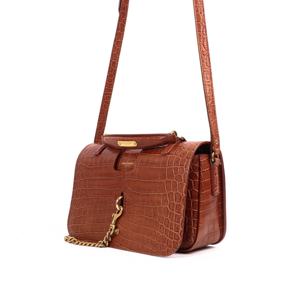 Saint Laurent Charlotte Camel Crocodile Embossed Bag