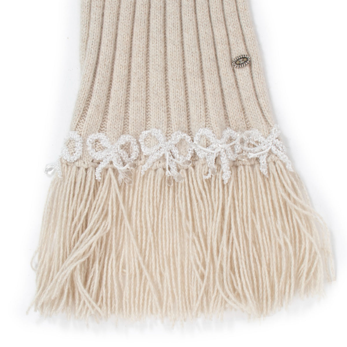 Chanel 05A Beige Beaded Bow Cashmere Scarf