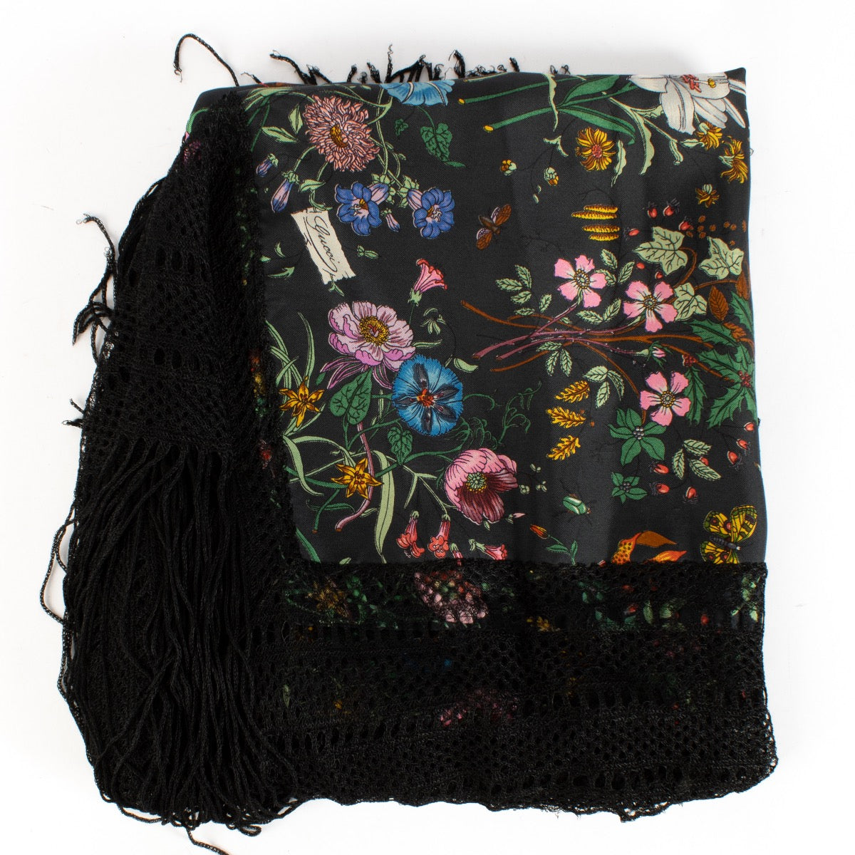 Authentic pre-loved Gucci Black Flora Fringed Scarf on Labellov.com
