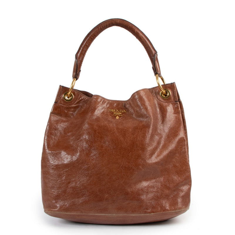 Prada Brown Vitello Shine Leather Hobo Bag