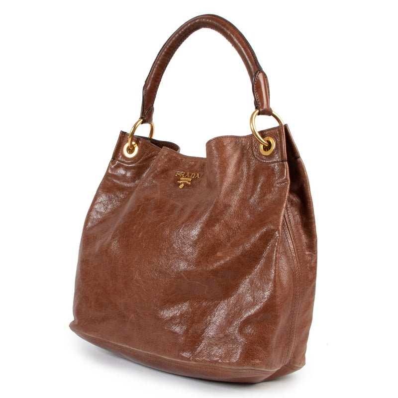Prada Brown Vitello Shine Leather Hobo Bag