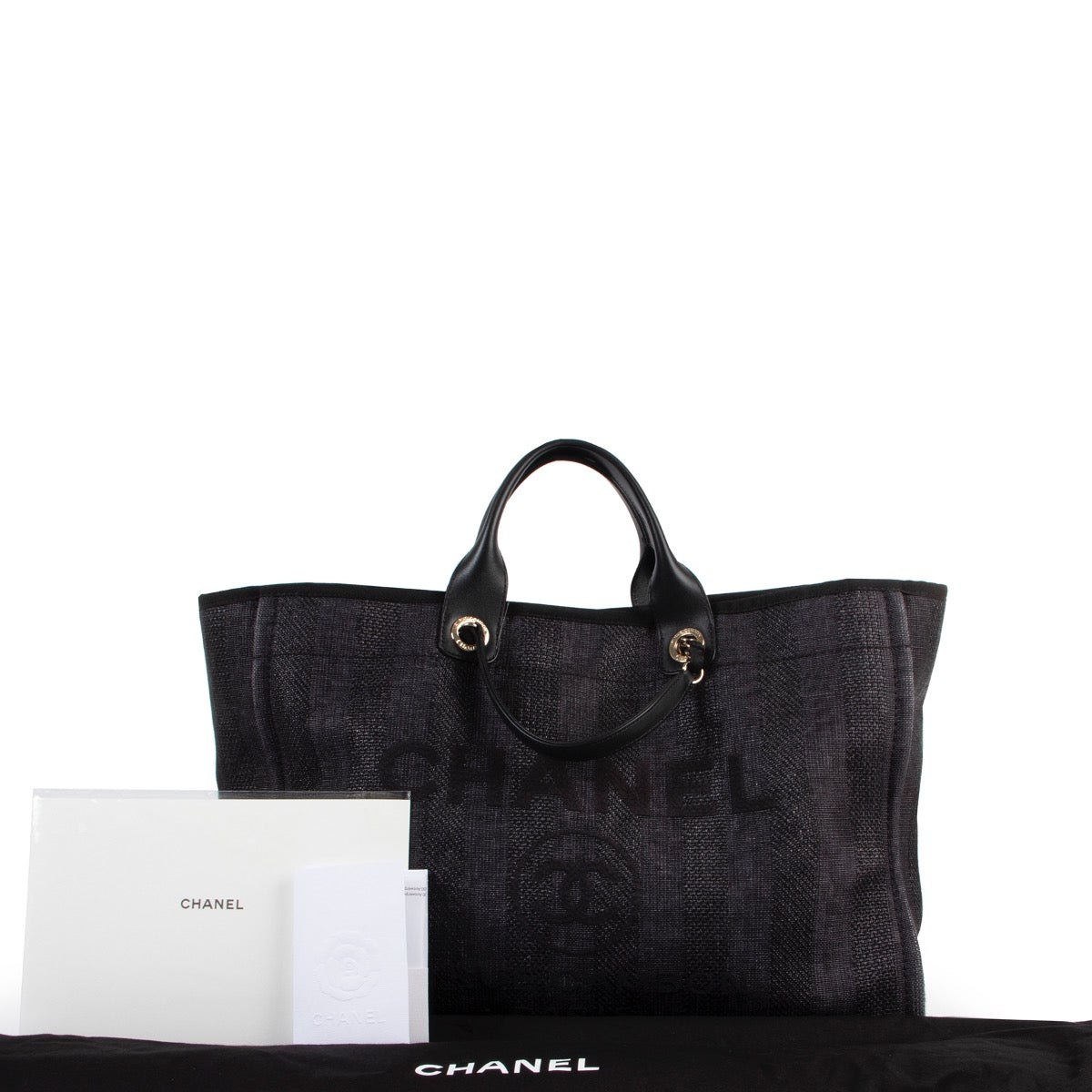 shop safe online Chanel Deauville Black Mixed Fibers Large Shopping Bag
