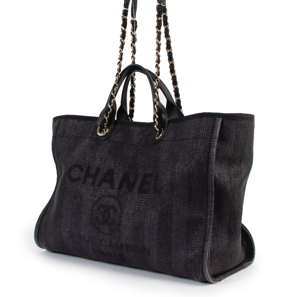acheter en ligne seconde main Chanel Deauville Black Mixed Fibers Large Shopping Bag