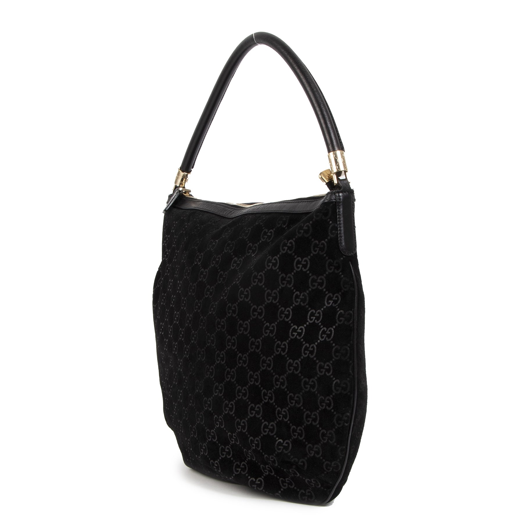 Authentieke tweedehands vintage Gucci Black Monogram Suede Hobo Bag koop online webshop LabelLOV