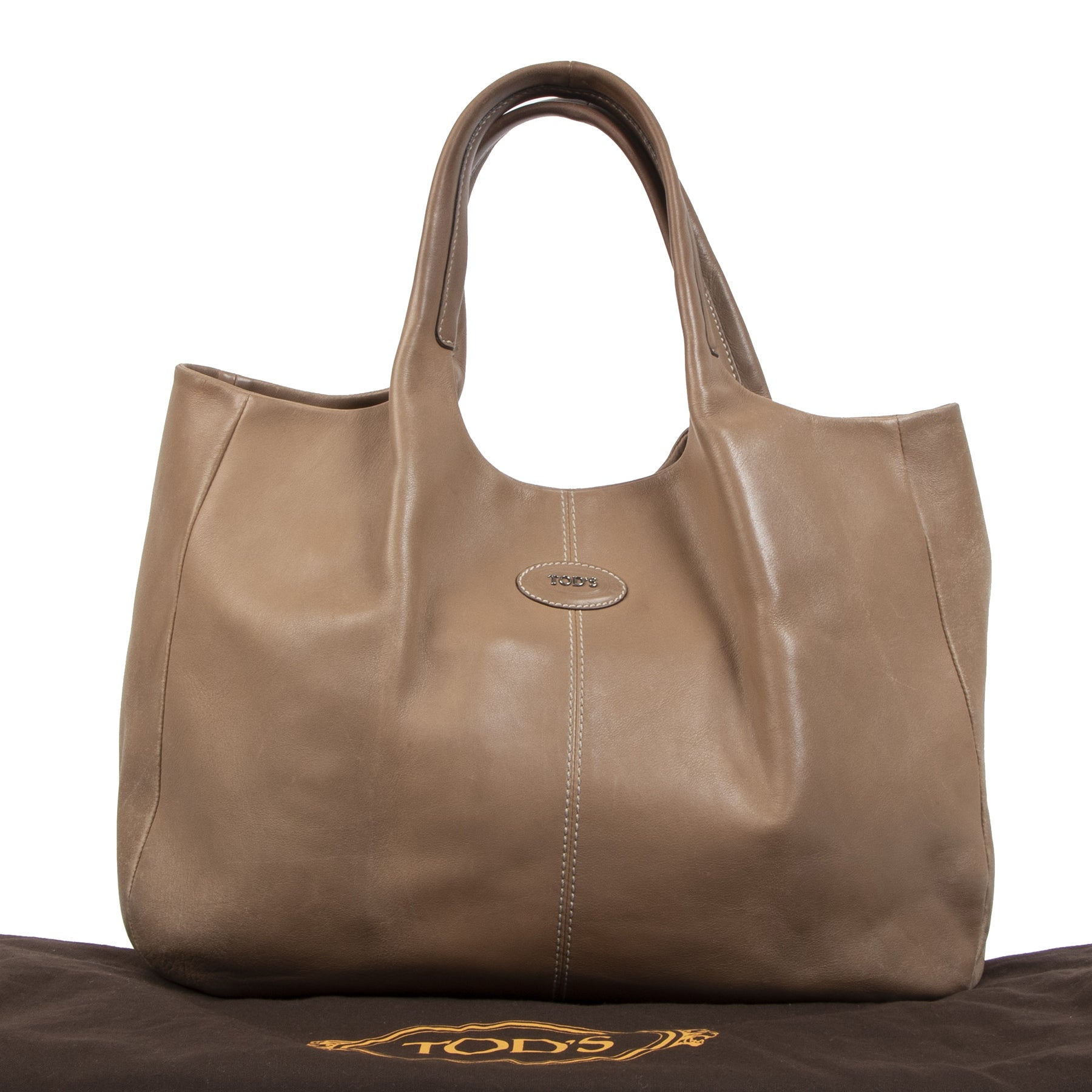 Authentieke tweedehands vintage Tods Taupe 24H Shopping Tote Bag koop online webshop LabelLOV