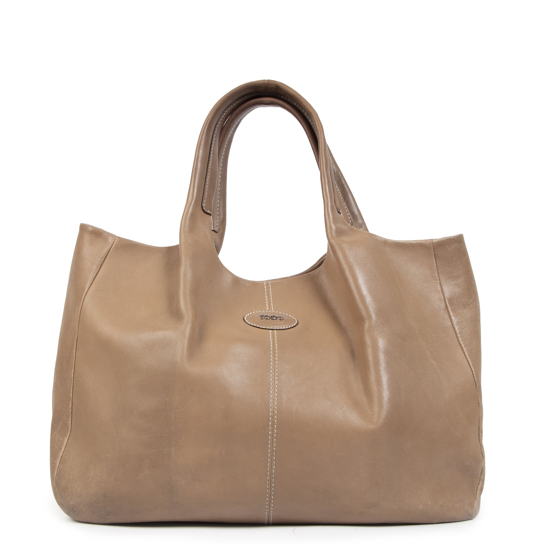 Authentieke tweedehands vintage Tods Taupe 24H Shopping Tote Bag koop online webshop LabelLOV