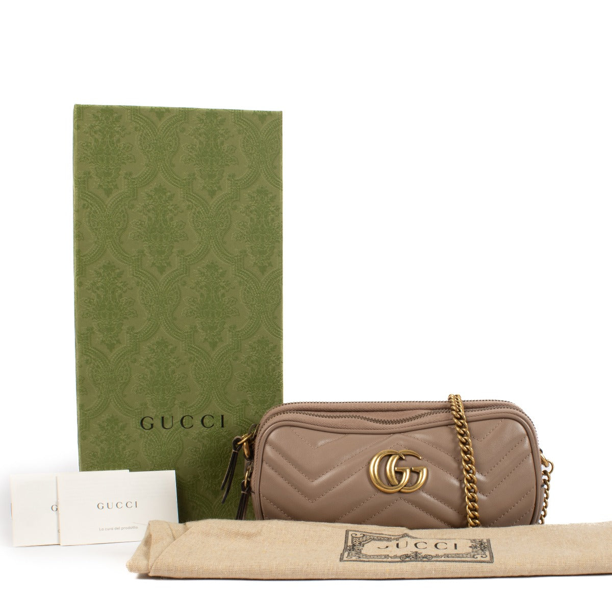 Gucci Taupe Matelassé Triple Zip GG Marmont Mini Bag