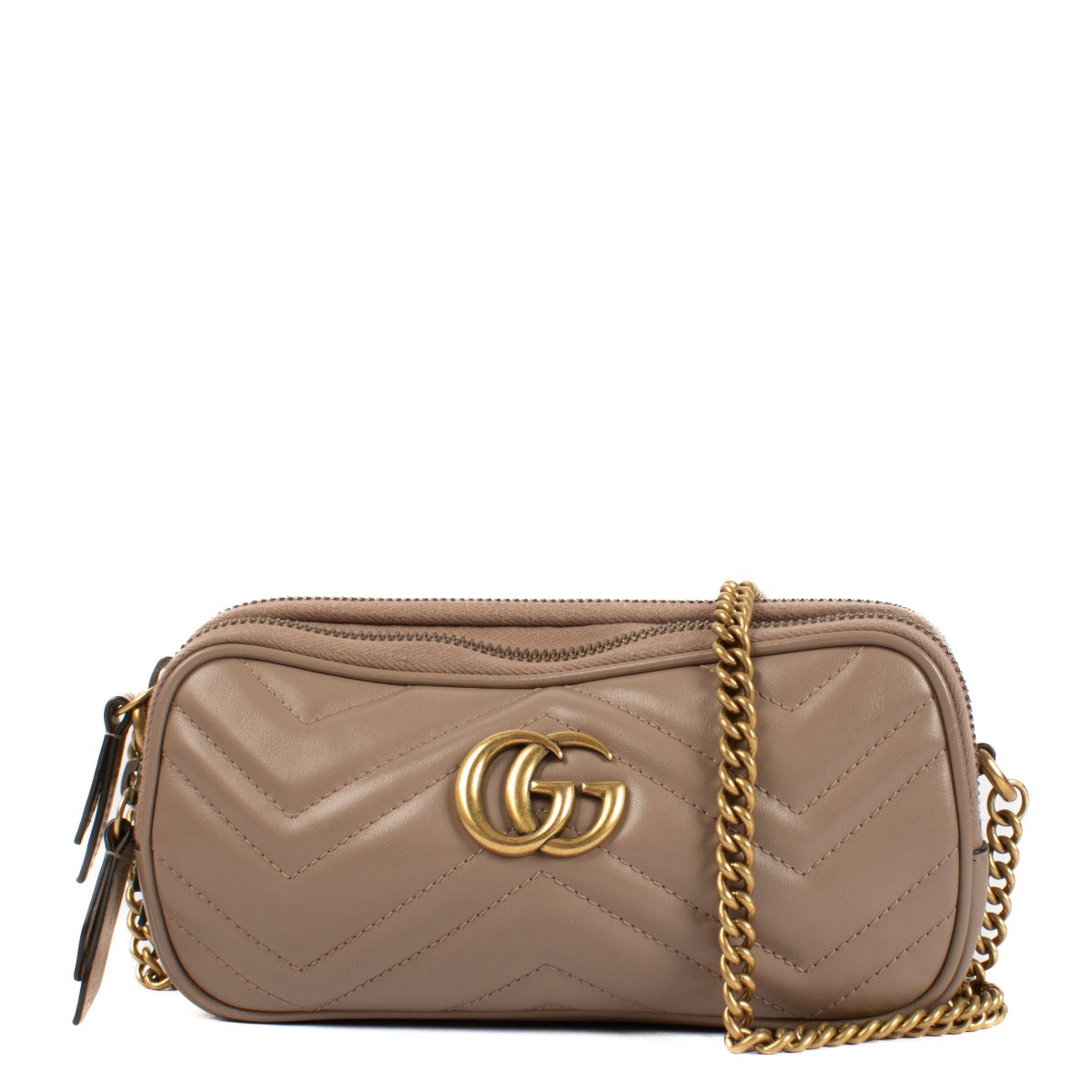 Gucci Taupe Matelassé Triple Zip GG Marmont Mini Bag
