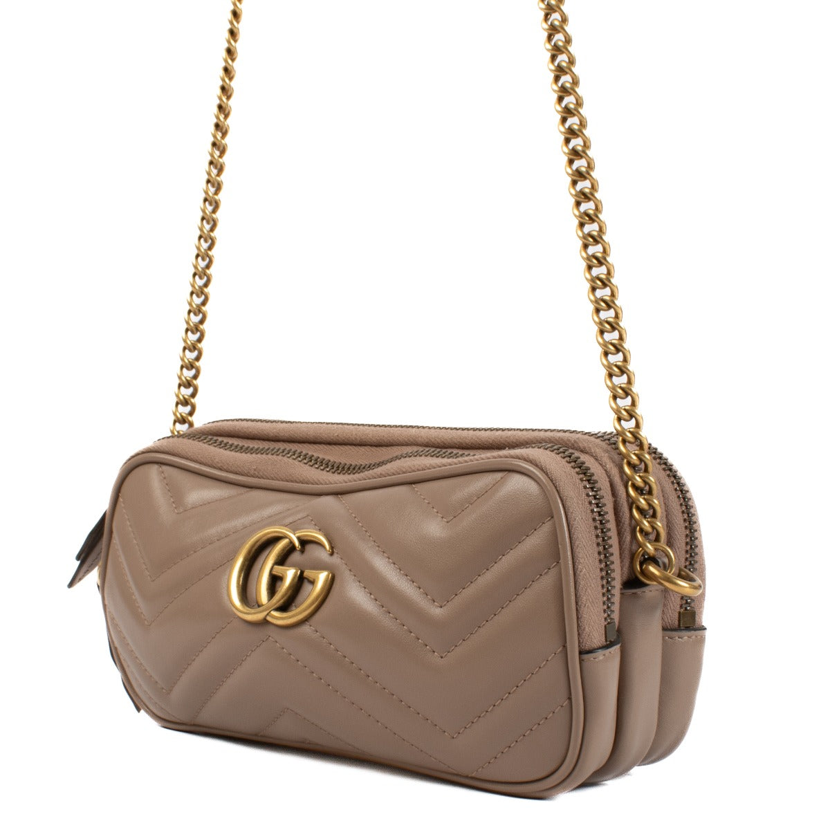 Sac mini GG Marmont Gucci matelassé taupe à triple fermeture Éclair