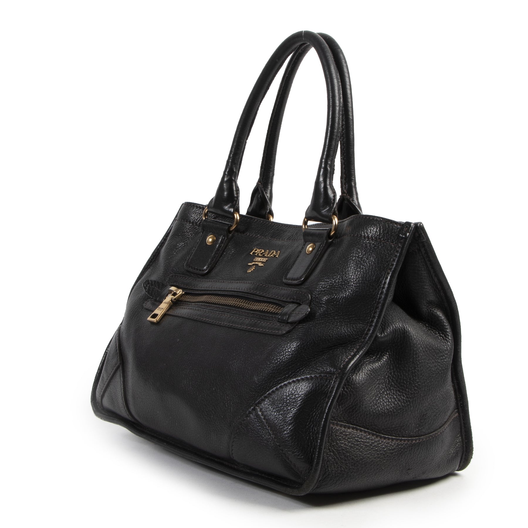 Authentieke Tweedehands Prada Black Leather Top Handle Bag juiste prijs veilig online shoppen luxe merken webshop winkelen Antwerpen België mode fashion