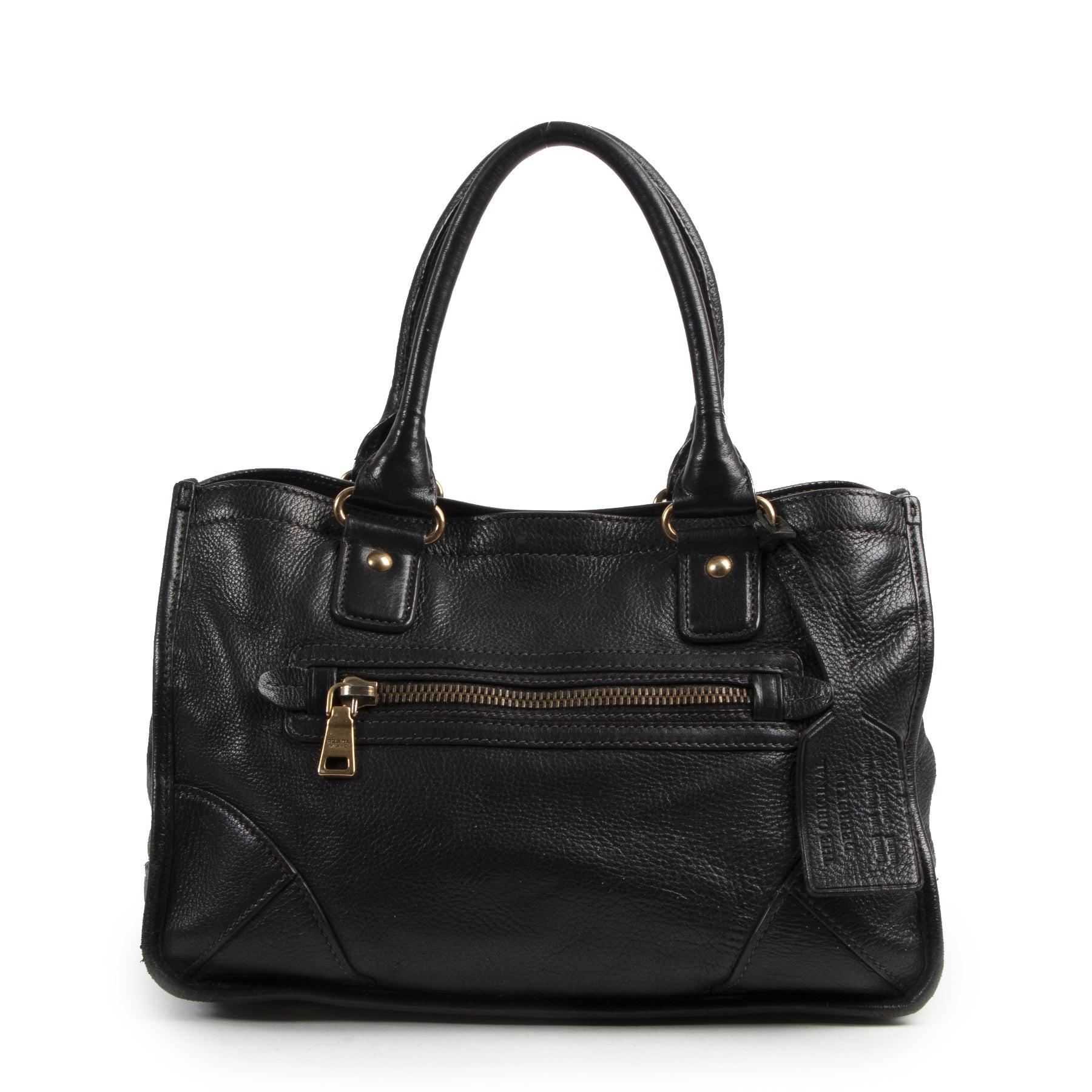 Authentieke Tweedehands Prada Black Leather Top Handle Bag juiste prijs veilig online shoppen luxe merken webshop winkelen Antwerpen België mode fashion