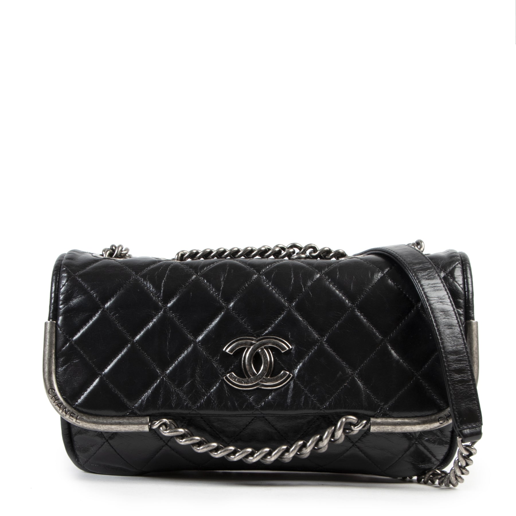 Authentic second-hand vintage Chanel Black Distressed Leather Shoulder Bag buy online webshop LabelLOV