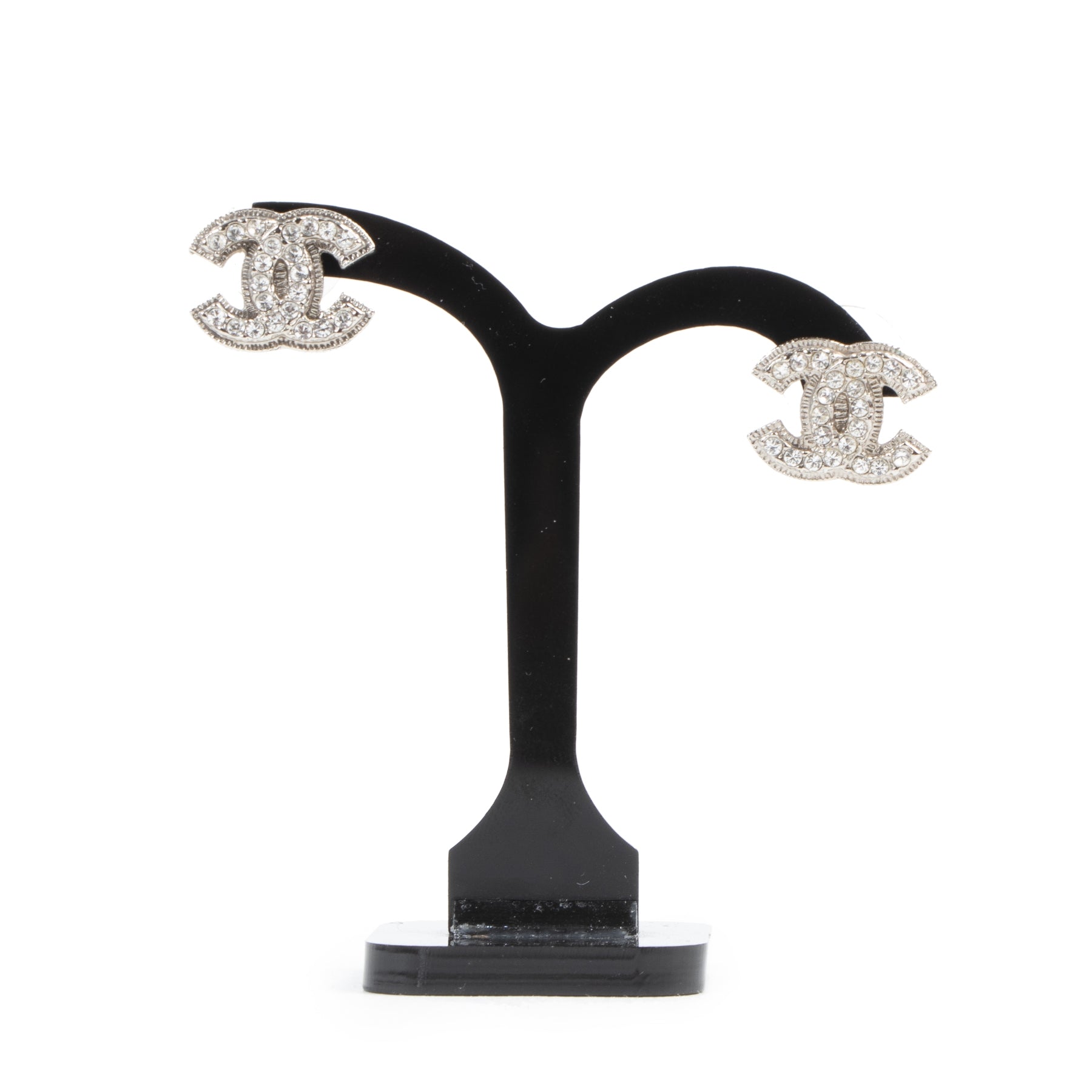 Chanel Silver Crystal CC Stud Earrings for the best price at Labellov secondhand luxury