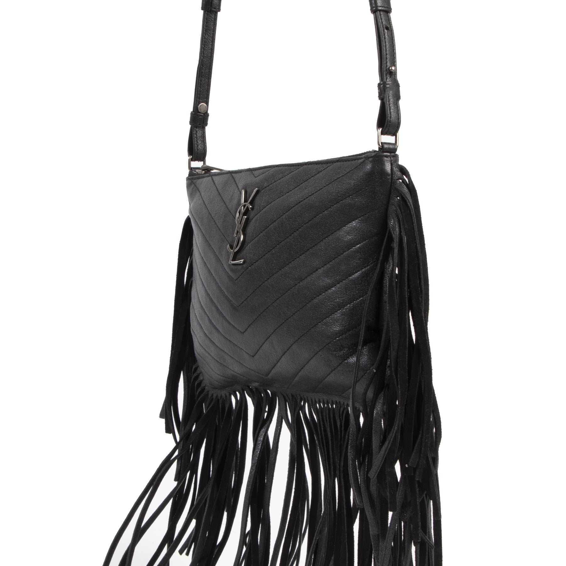 Saint Laurent Black Chevron Fringe Crossbody Bag