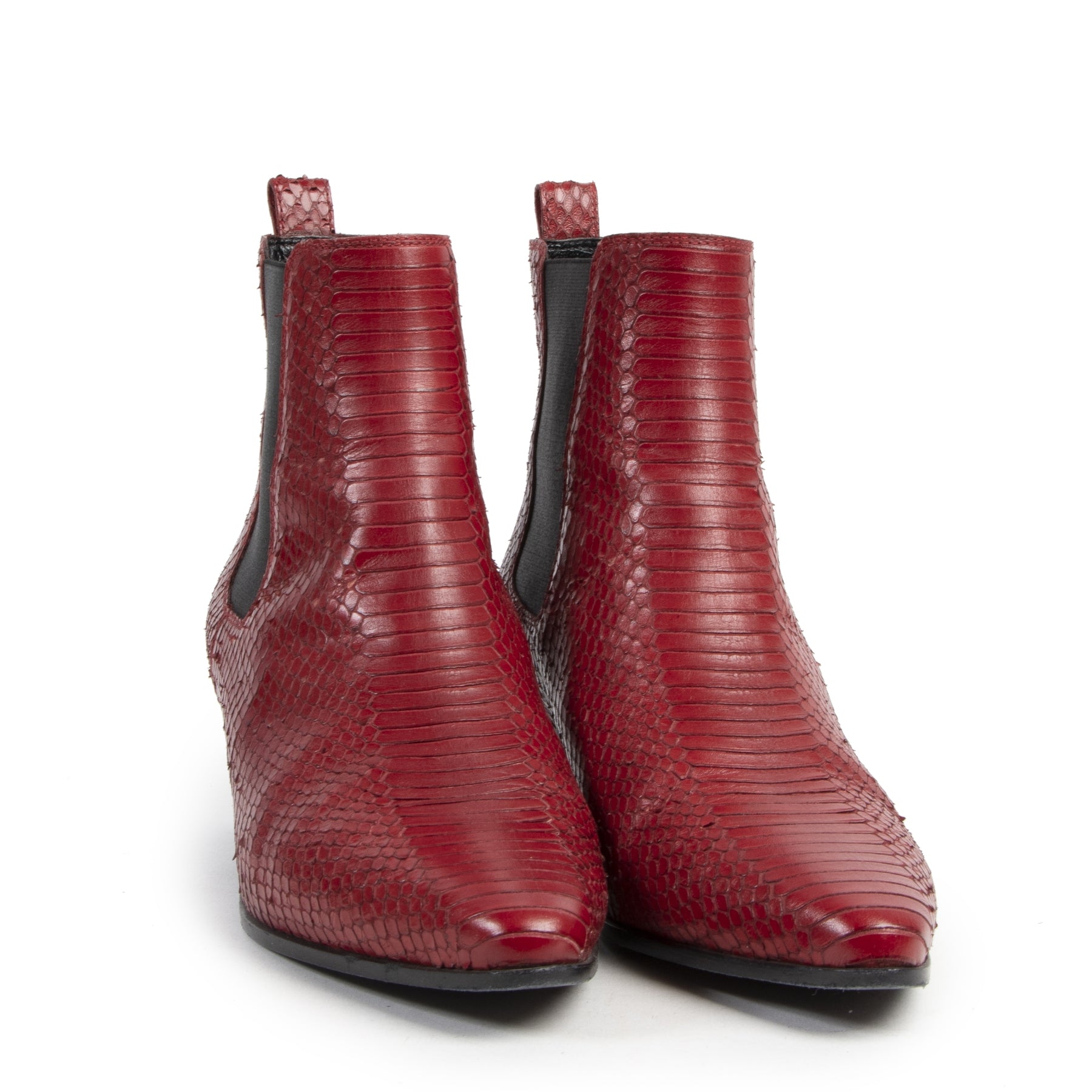 Authentieke Tweedehands Saint Laurent Red Python Ankle Boots - Size 39 juiste prijs veilig online shoppen luxe merken webshop winkelen Antwerpen België mode fashion