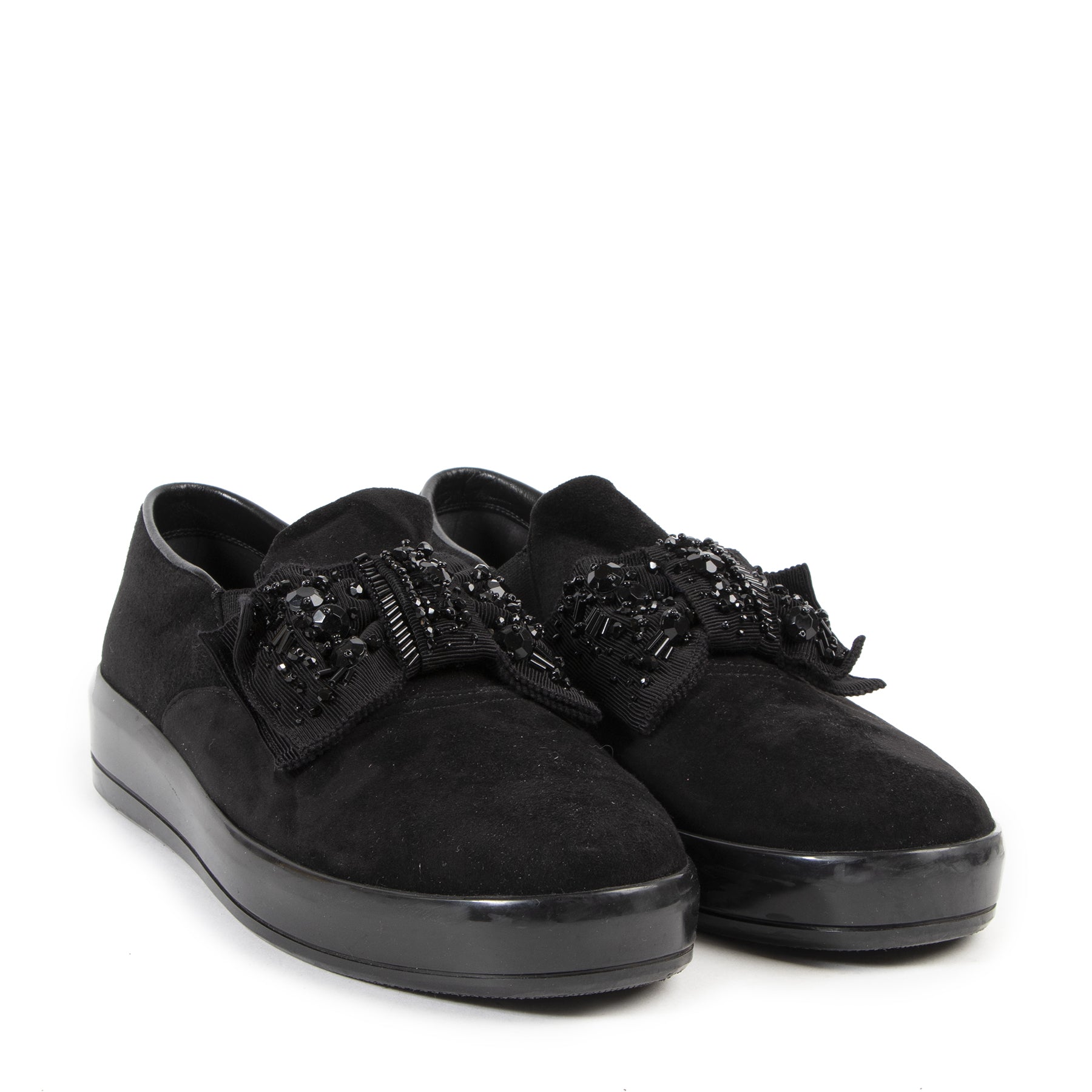 Prada Black Suede Bow Slip-on Loafers - size 39