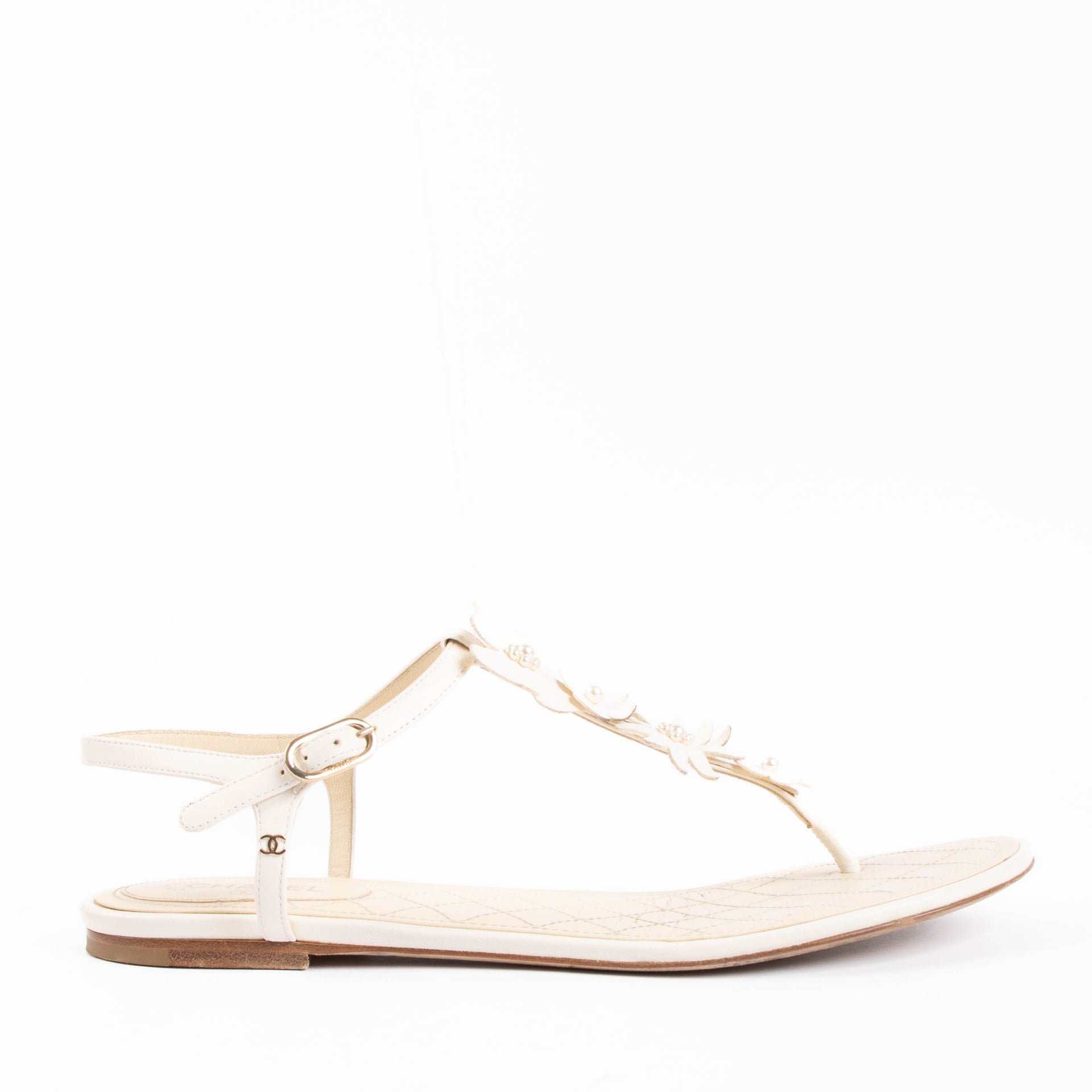 Chanel Witte Camelia Bloem Platte Sandalen - Maat 40.5