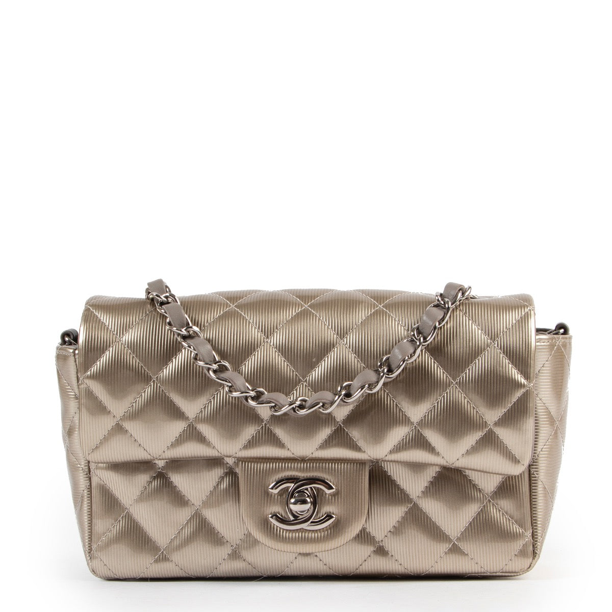 shop safe online Chanel Gold Patent Classic New Mini Flap Bag online for the best price