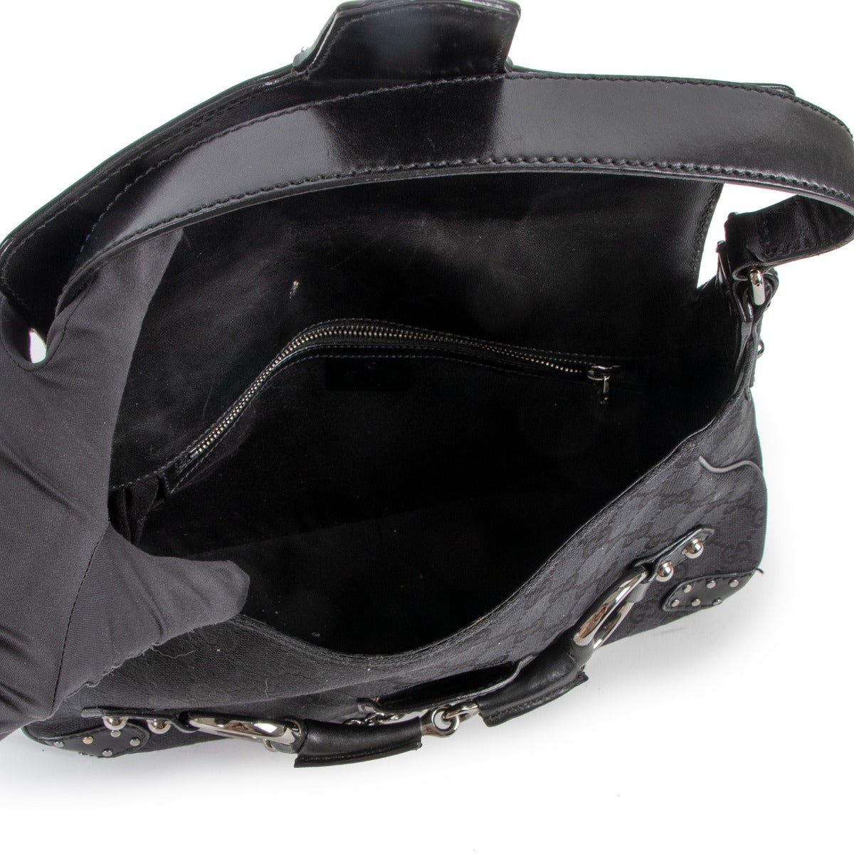Gucci Black GG Canvas Horsebit Studded Shoulder Bag