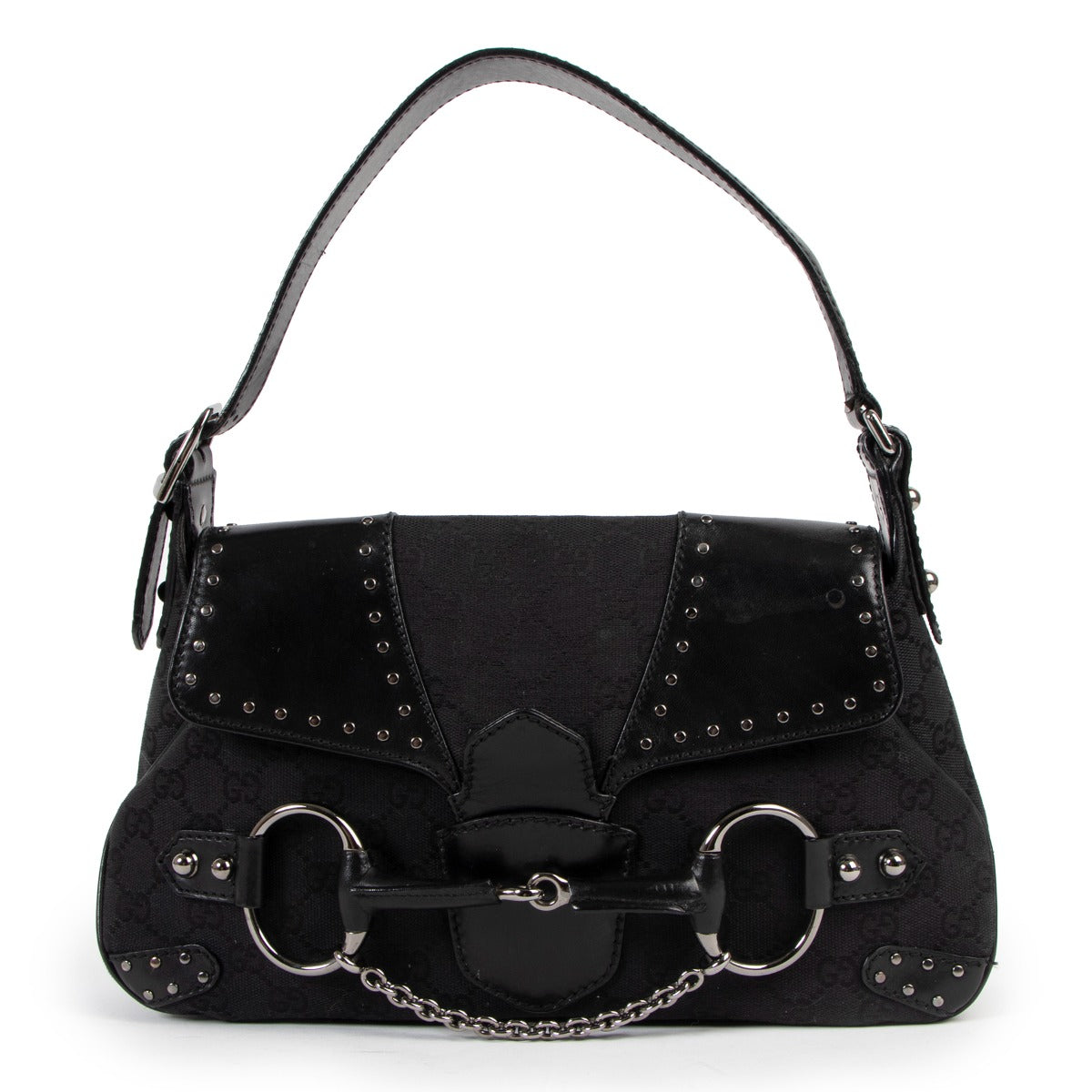 Gucci Black GG Canvas Horsebit Studded Shoulder Bag