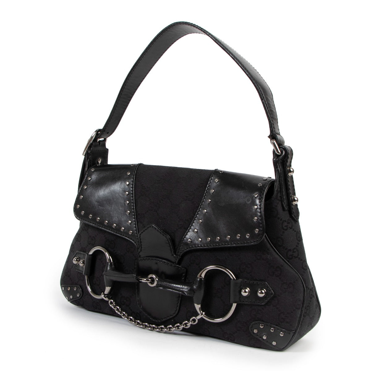 Gucci Black GG Canvas Horsebit Studded Shoulder Bag