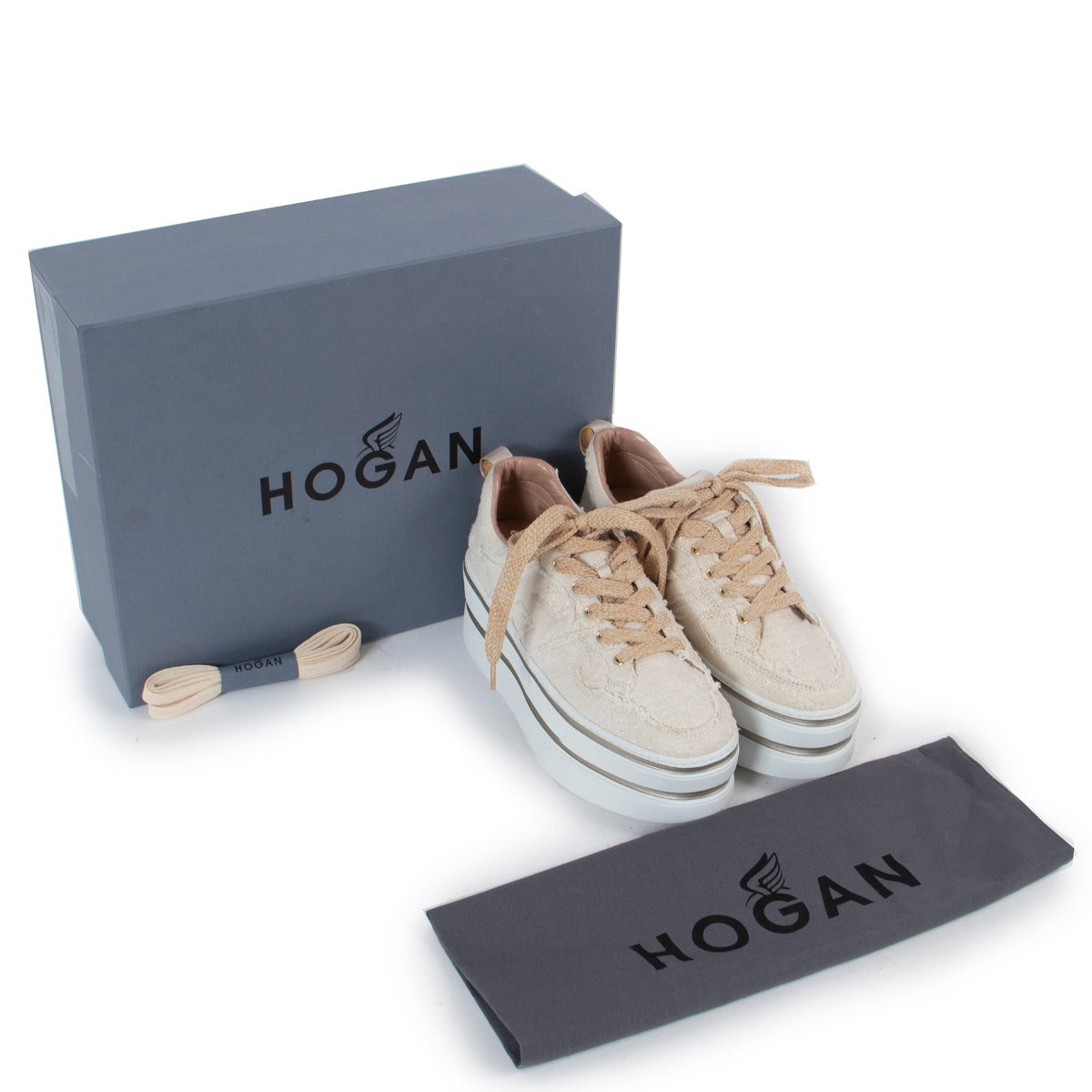 Hogan H449 Beige Shimmer Denim Platform Sneakers