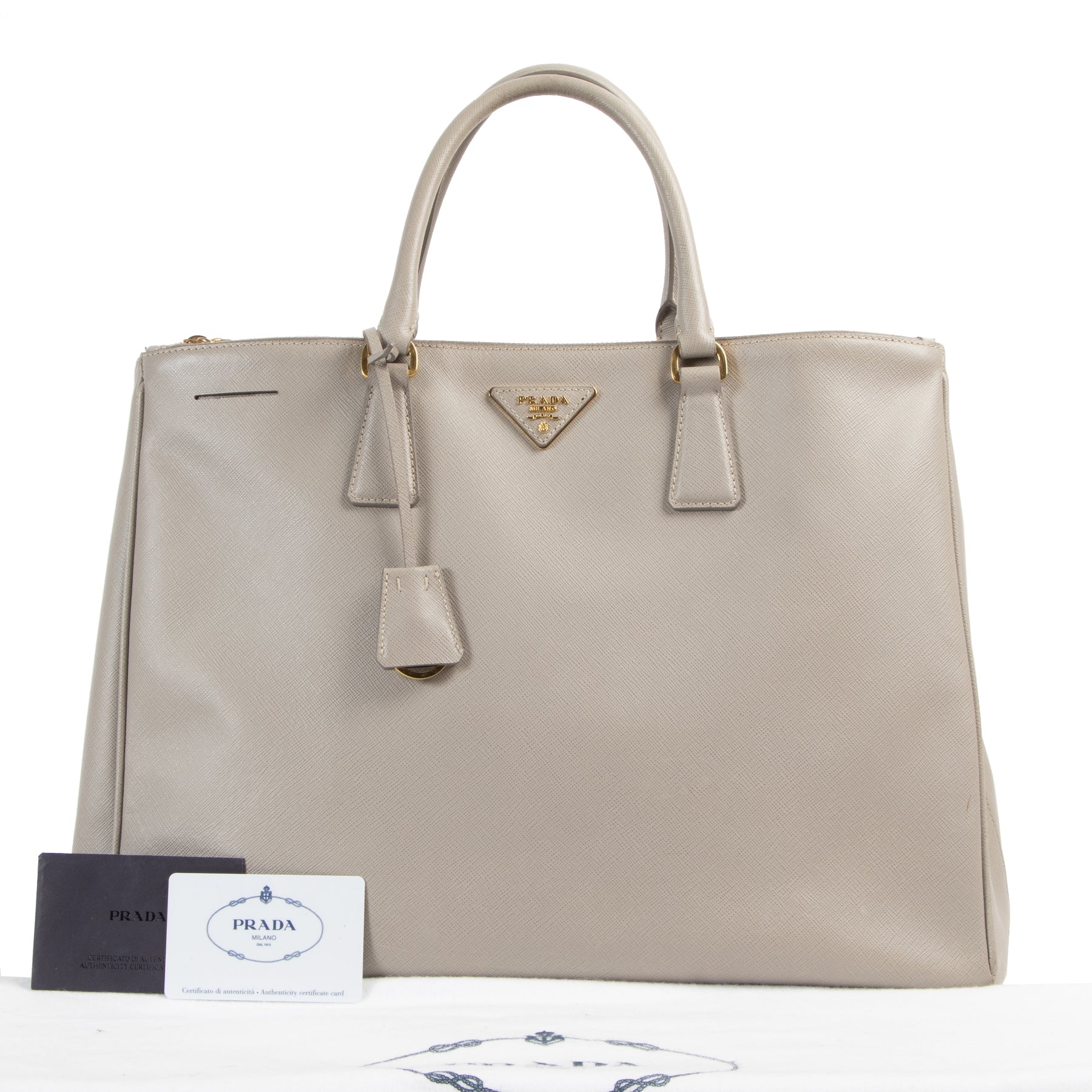shop safe online Prada Grey Saffiano Lux Large Double Zip Tote