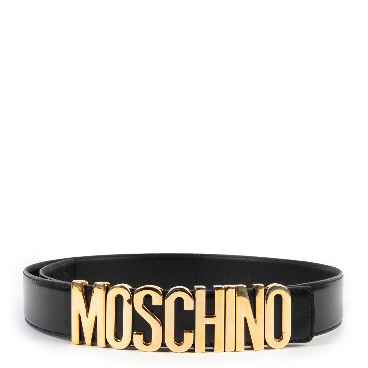 buy and sell second hand authentic Moschino Black Lettering Logo Leather Belt at Labellov for the best price