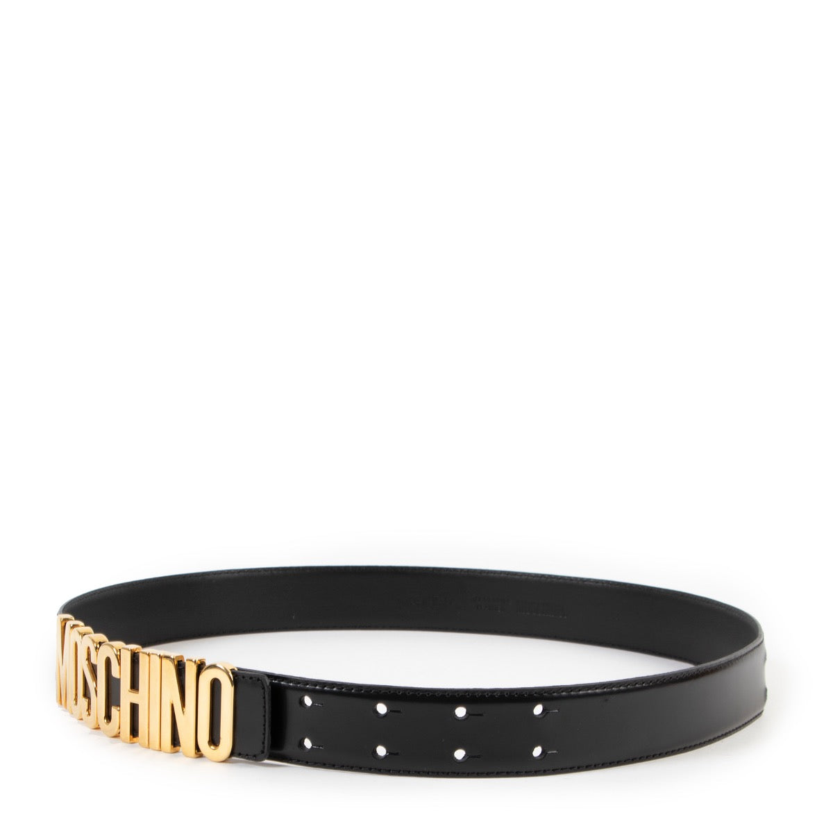 buy and sell second hand authentic Moschino Black Lettering Logo Leather Belt at Labellov for the best price