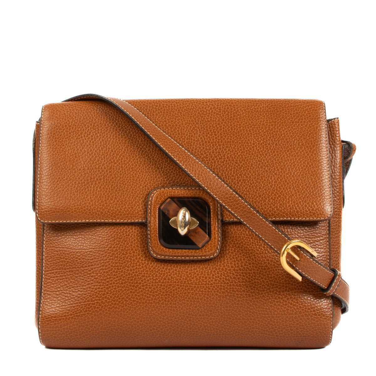 Delvaux Cognac Leather Wooden Turnlock Crossbody Bag