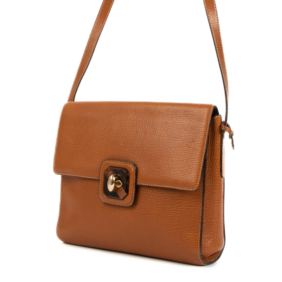 Sac bandoulière Delvaux en cuir cognac avec fermoir pivotant en bois