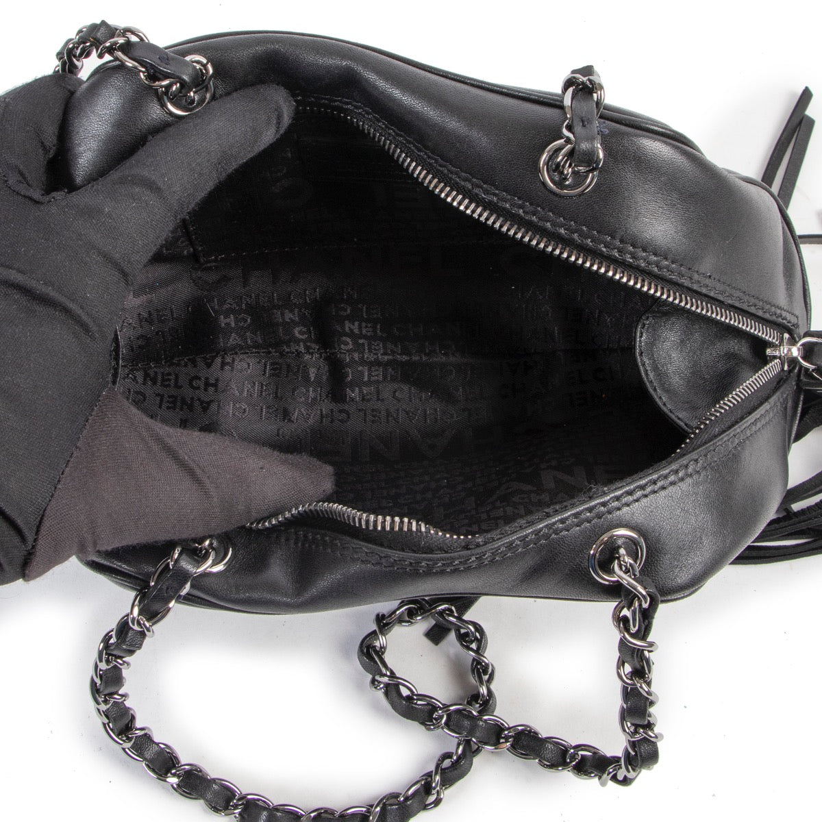 Original Chanel Black Lambskin Shoulder bag in new condition for sale on Labellov vintage site with 2nd hand designer goods and bags