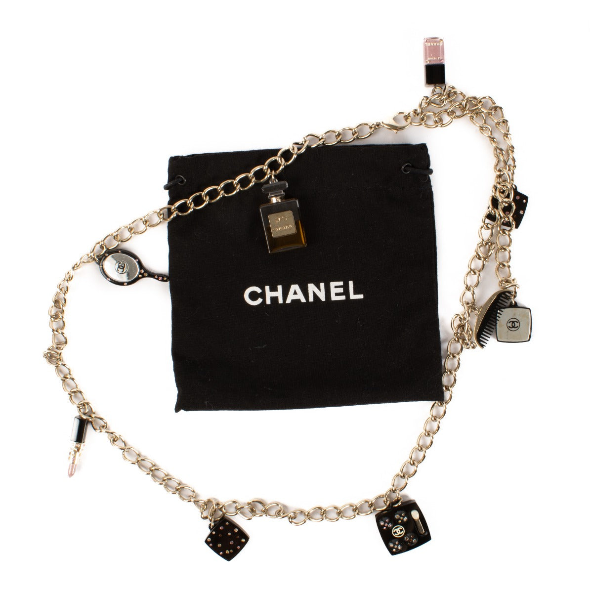 Ceinture/collier chaîne Chanel 08A Beauty Icons avec breloques de maquillage