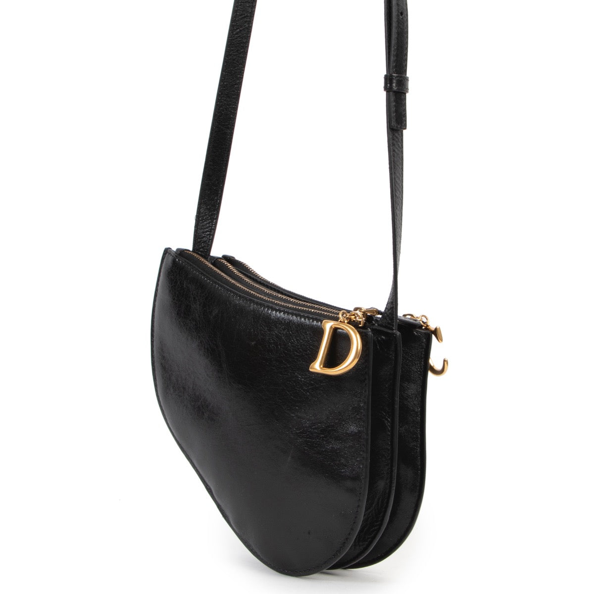 Original Christian Dior Diorissimo Saddle Black Leather Crossbody for sale in good condition on Labellov vintage site for 2nd hand designers