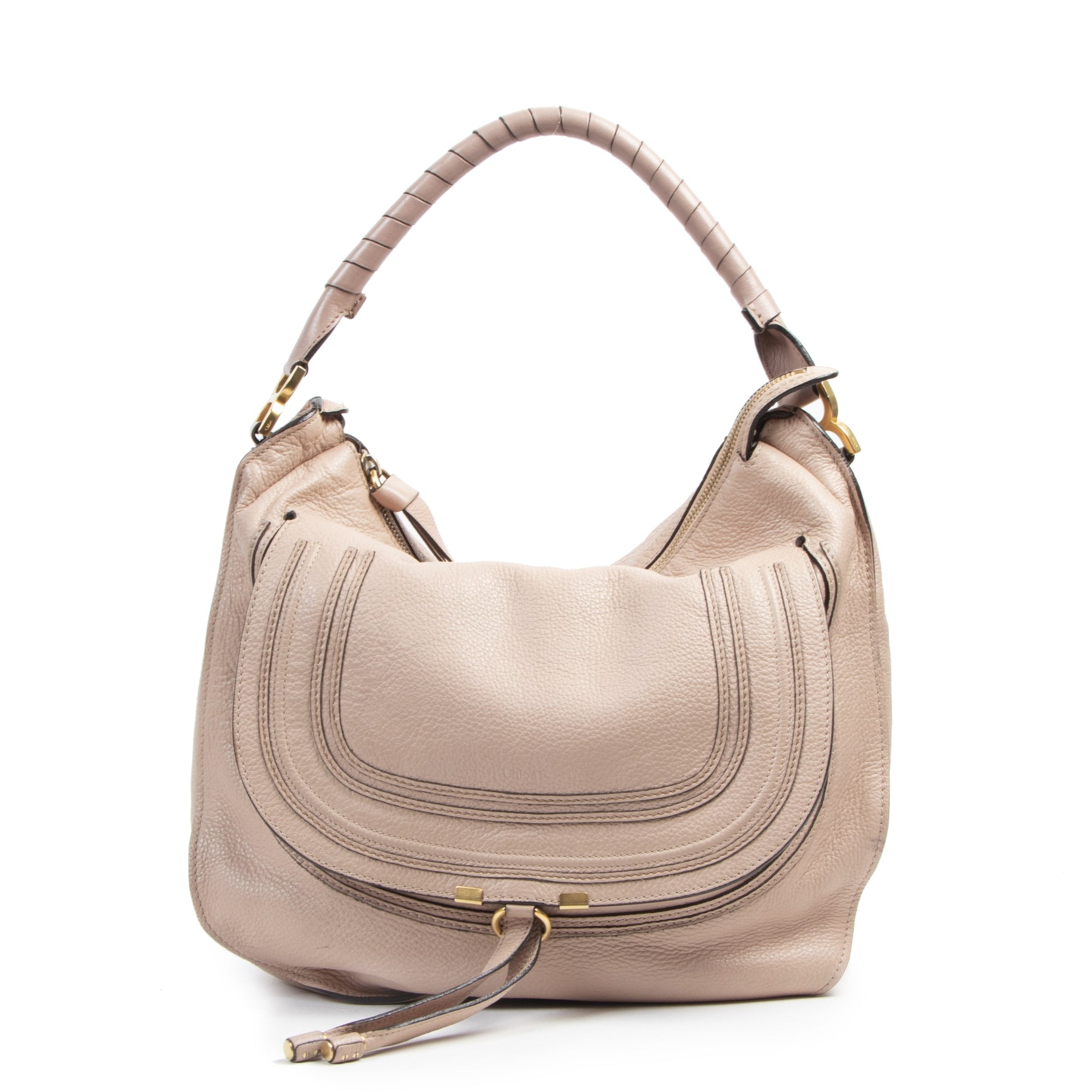 koop veilig online tgen de beste prijs Chloe Marcie Medium Tan Pebbled Calfskin Hobo Bag