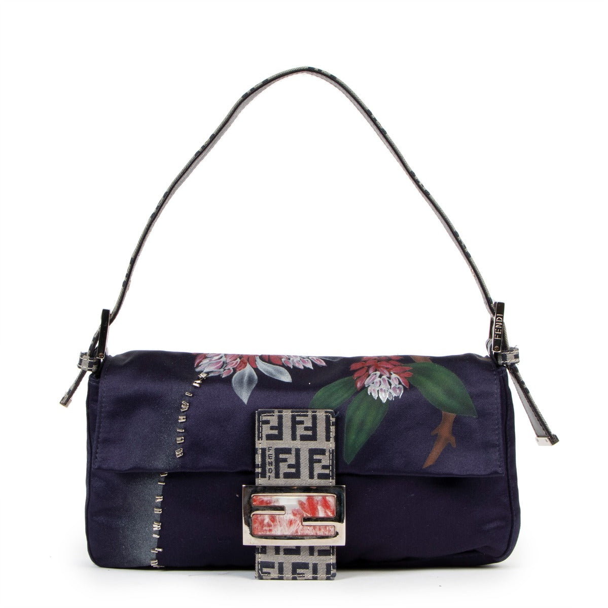 Fendi Blue Satin Floral Baguette